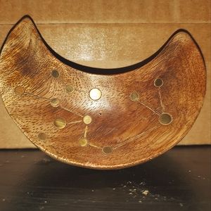 Matr Boomie Incence Stand. Crescent moon shaped, made of wood in India.